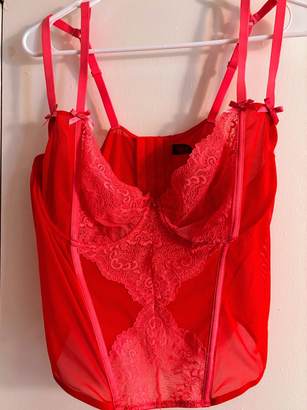 NWOT Adore Me Red Lace Bustier Chemise w/ Sheer Panels and Crotchless Panty Set